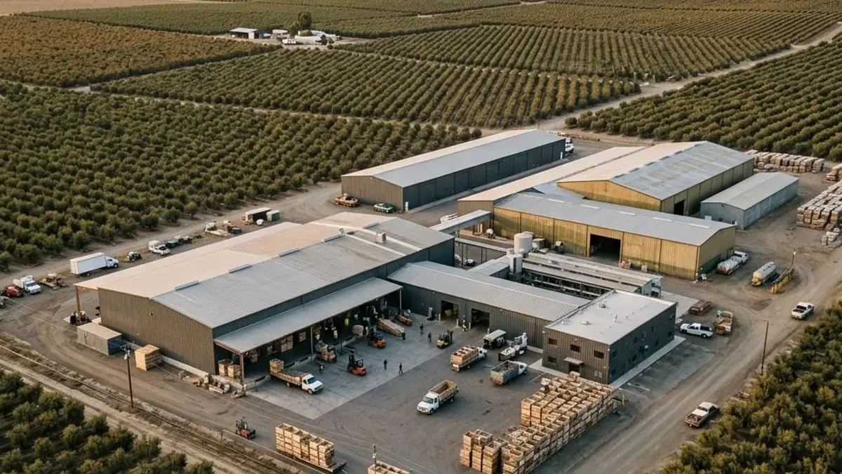 Aerial view of a large orchard operation with packing and storage buildings in late-afternoon light