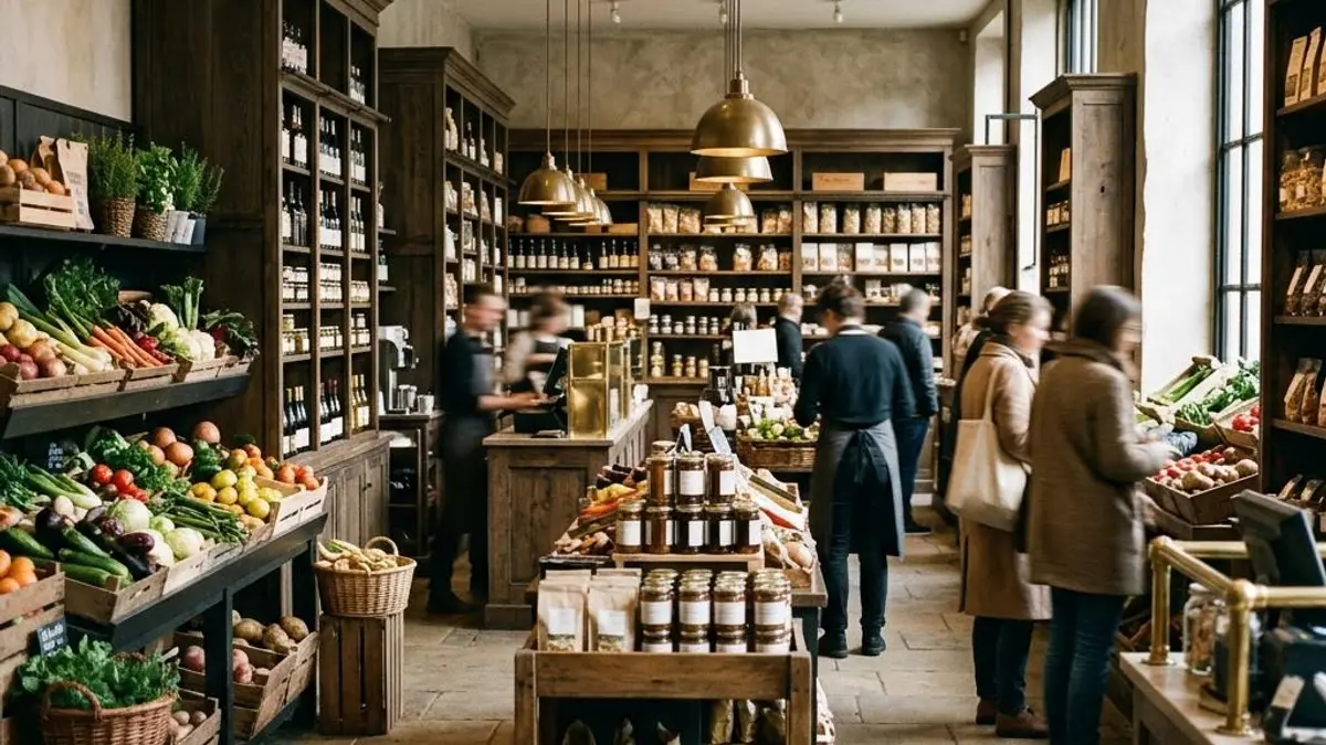 Interior of a specialty food market with wooden shelving and fresh produce displays