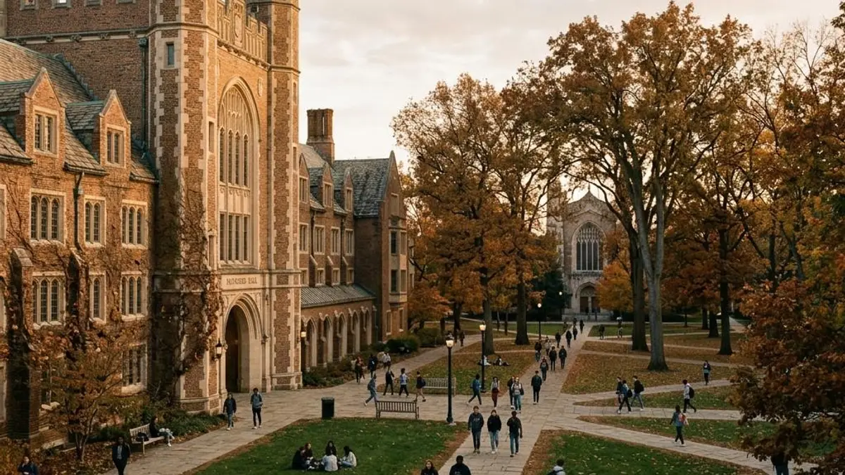 Brick academic building and tree-lined quad in late-afternoon light