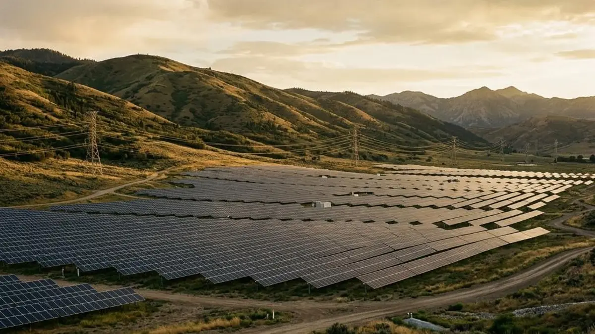 Utility-scale solar array beside rolling foothills and transmission lines at golden hour