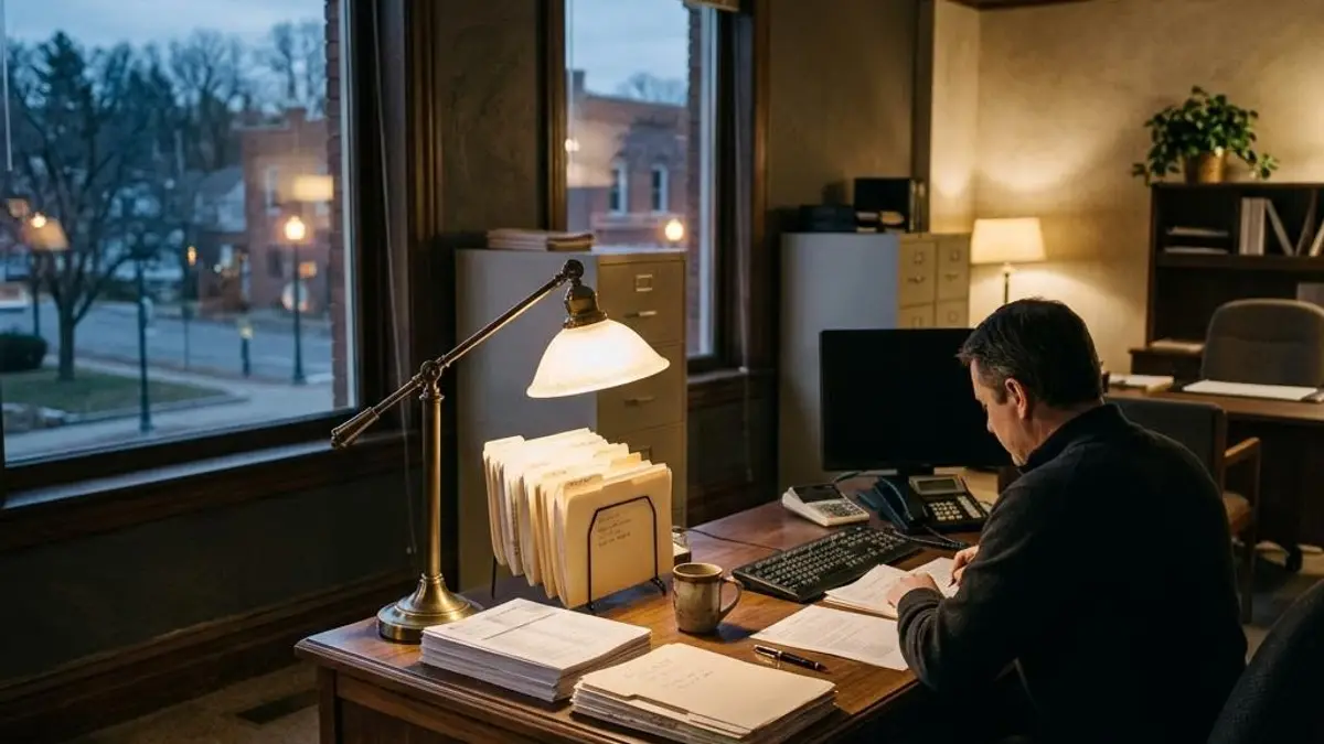 Lamp-lit credit office desk with printed loan files and a calculator at dusk