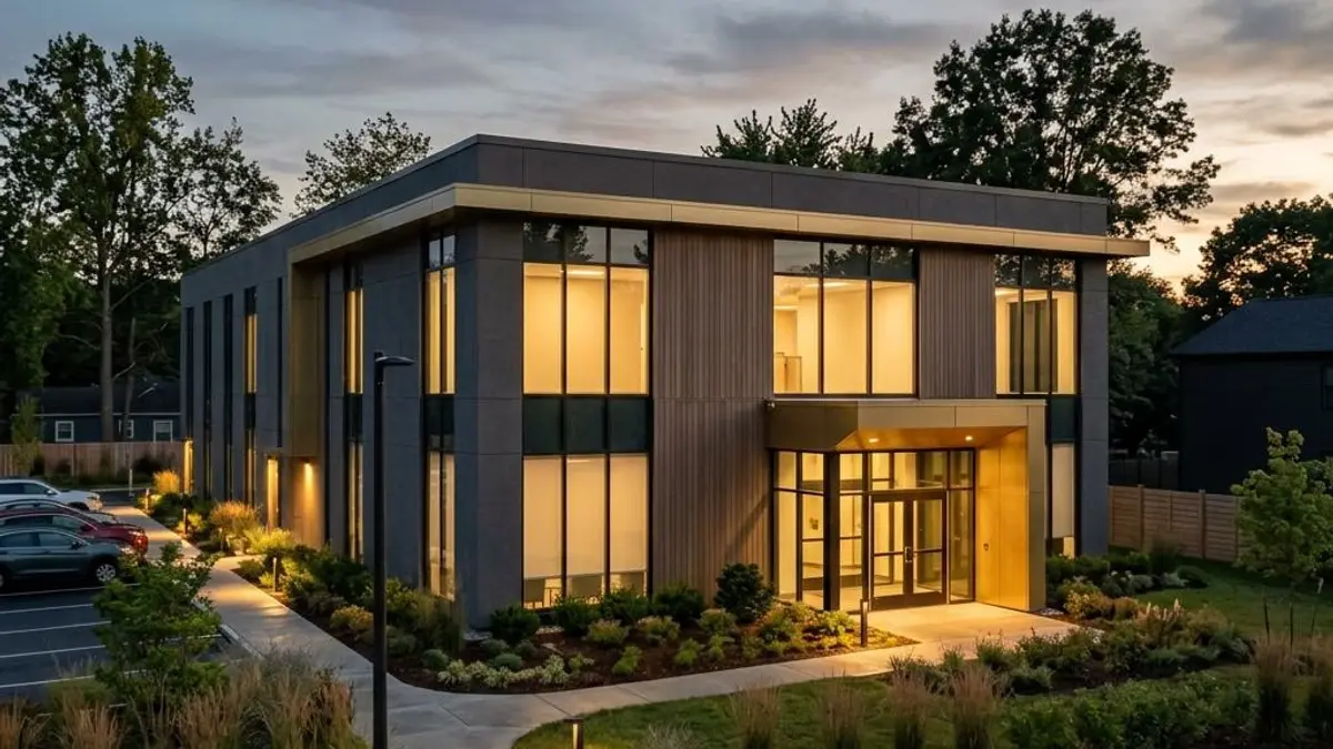 Modern two-story outpatient medical office building at dusk with warm interior light