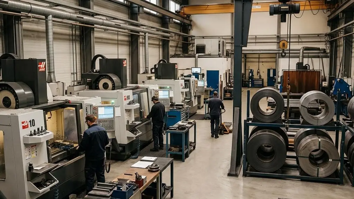 Interior of a metal fabrication plant with CNC machines and steel coils under warm overhead light