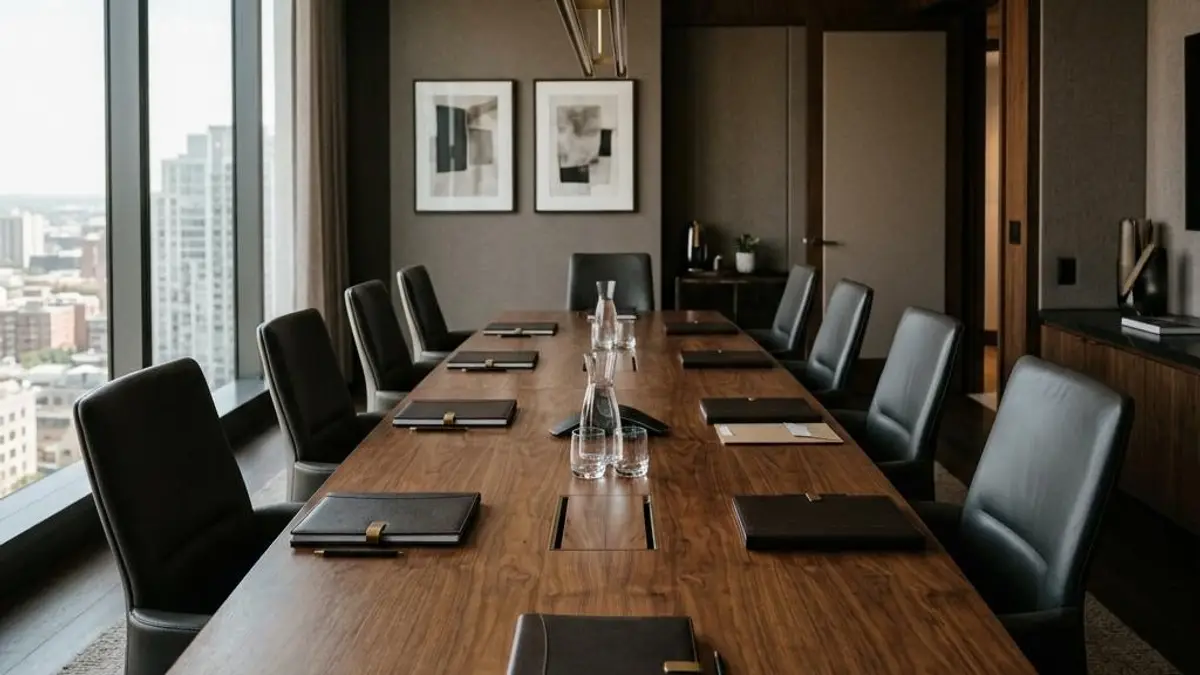 Empty professional firm conference room with a walnut table, bound documents, and soft window light