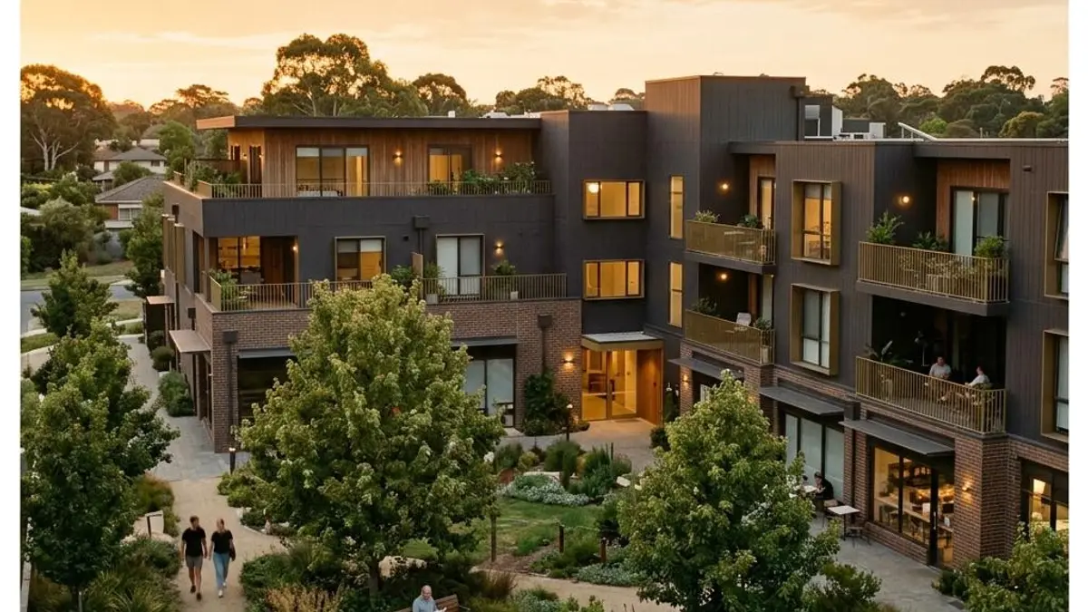 Low-rise mixed-use apartment building with a landscaped courtyard in golden-hour light