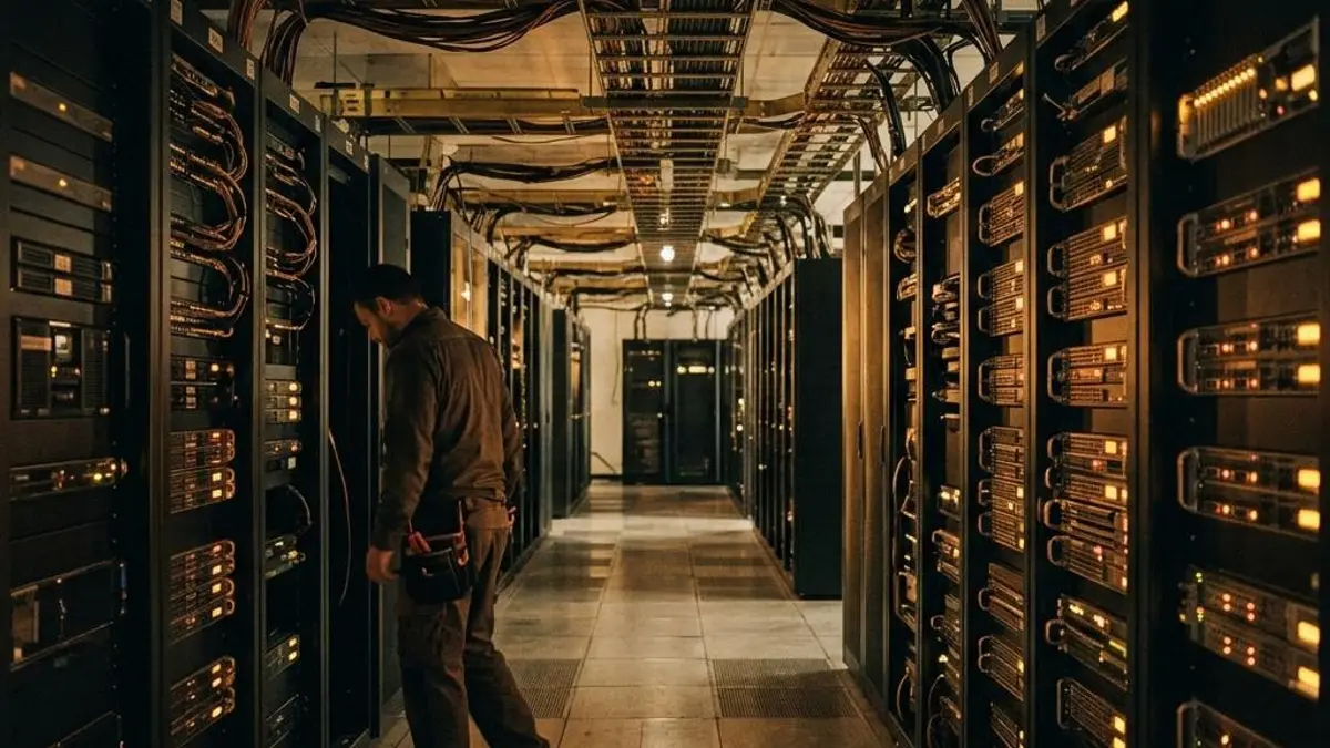 Dimly lit data center aisle with server racks and overhead cable trays
