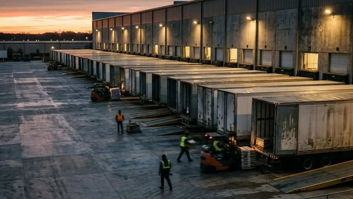 Distribution center loading docks with semi-trailers backed in at dawn